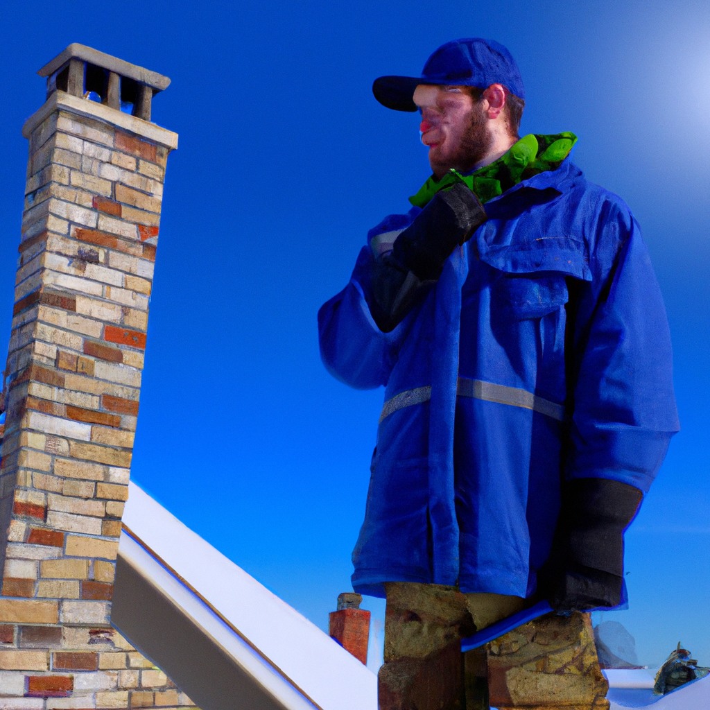 Canadian chimney technician on a snowy rooftop wearing safety gear and holding a sweeping rod